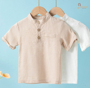 เสื้อเชิ้ตแขนสั้นผ้าฝ้ายสีขาวคอจีนมีกระเป๋าเสื้อลำลองสำหรับเด็กผู้ชาย - Product Image 1