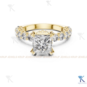 Custom Lab Grown CVD Diamond Princess Cut Hidden Halo Pave Ring <b>Solid</b> Gold - Product Image 1