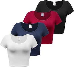 เสื้อครอปท็อปผู้หญิง แขนสั้น คอกว้าง สีพื้น แห้งเร็ว ทรงเข้ารูป สวมใส่สบาย ผ้าเจอร์ซีย์ถัก ระบายอากาศได้ดี ผลิตจากโพลีเอสเตอร์ - Product Image 3