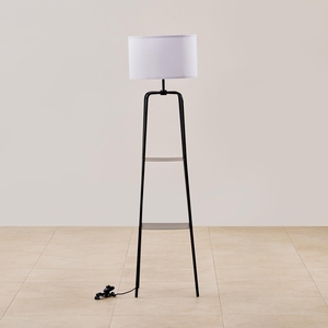 Metal Floor Lamp with Shelves Modern Standing <b>Light</b> with Storage Display Industrial Black Finish Fabric <b>Drum</b> <b>Shade</b> Minimalist - Product Image 1