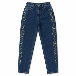 Jeans Acampanados con Bordado Floral en Degradado Azul y Negro para Mujer, Cintura Alta, Elásticos, Lavado Claro Vintage, Casuales, Otoño Invierno, Estilo Urbano - Product Image 1