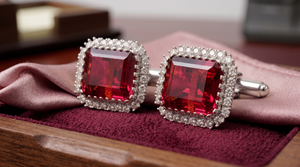 Boutons de manchette personnalisés en gros pour hommes, avec rubis de laboratoire, rectangulaires, pierres précieuses rouges, halo plaqué or, accessoires de chemise - Product Image 5