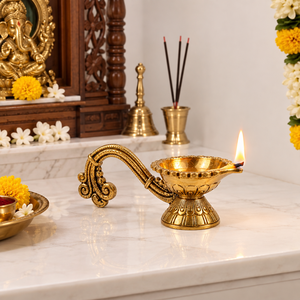 <b>Antique</b> Brass Handled Diya Oil <b>Lamp</b> Decorative Pooja Deepak Traditional Indian Home Temple Diwali Festive Gift - Product Image 5