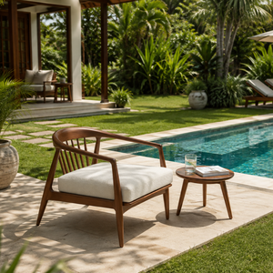 Sillón de Exterior Moderno de Madera de Teca Sólida con Cojín Redondo para Piscina, Patio, Jardín, Villa, Resort, Hotel - Product Image 1