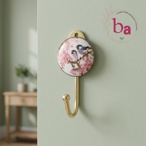 Beads Art Ceramic + Metal Wall <b>Hook</b> & <b>Coat</b> Hanger with Cherry Blossom Birds Design Handmade Luxury Multifunction for Home <b>Decor</b> - Product Image 1