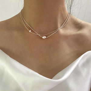 Korean Version Minimalist Freshwater Pearl <b>Necklace</b> Niche Design <b>Double</b>-Layer Collarbone Chain High-End Feel Light Weight - Product Image 3