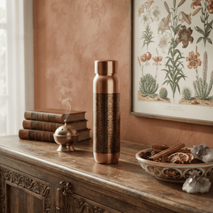 Botella de Agua de Cobre Premium con Patrón Ornamental Antiguo, Tapa de Rosca Hermética, Frasco Ayurvédico Reutilizable para Viajes y Hogar - Product Image 6