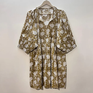 Vestido Casual Midi de Algodón Tejido con Estampado Floral para Mujer, Mangas Abullonadas, Cintura Imperio, Estilo Babydoll, Cuello en V, Corte Holgado - Product Image 5