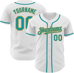 Maillot de baseball blanc personnalisé à manches courtes, uniforme d'équipe unisexe à boutons avec nom et numéro, garniture or turquoise - Product Image 1