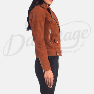 Women's Real Suede <b>Leather</b> Biker Jacket Western Fringe Style <b>Rivet</b> Stand Front Breathable Wholesale Premium Brown Suede <b>Leather</b> - Product Image 2