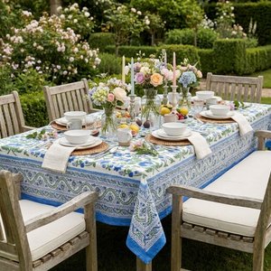 Rukhsana Blue Open Hand Block Printed Cotton <b>Tablecloth</b> 180x270cm Handmade Designer Premium Dining Table Home Decor Gift - Product Image 4