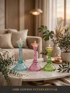 Handmade <b>Glass</b> Candle Holder Ribbed Round <b>Candlestick</b> Stand Heat Resistant Reusable Valentine's Day Home Decor - Product Image 1