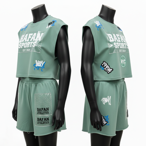 Conjunto de Camiseta sin Mangas y Pantalones Cortos para Mujer, 100% Algodón, 240 GSM, Algodón Premium, Verde Salvia, Panel con Parche, Estampado Personalizado - Product Image 5