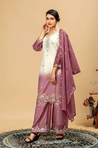 Traje Tradicional Indio-Pakistaní de Dos Tonos con Bordado, Conjunto Churidar, Blusa de Crepé, Chal, Pantalón Palazzo, para Bodas, Graduaciones, Diwali - Product Image 5