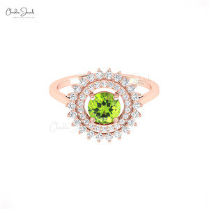 Chordia Jewels Women's 14k Solid <b>Gold</b> Natural 6mm Peridot <b>Ring</b> with Diamond Halo Flower Design Romantic Engagement Gemstone <b>Ring</b> - Product Image 1