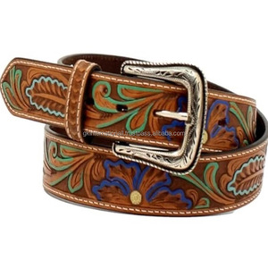 Cinturón de vaquero de cuero con relieve floral y patrón vintage occidental de alta calidad para hombre con hebilla de zinc de aleación cinturón occidental - Product Image 3