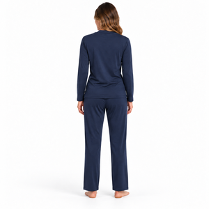 Women's Navy <b>Lounge</b> <b>Set</b> Long Sleeve Mock Neck Top Straight Leg Pants Casual <b>Two</b> <b>Piece</b> Pajama <b>Set</b> Wholesale OEM ODM Apparel B2B - Product Image 3