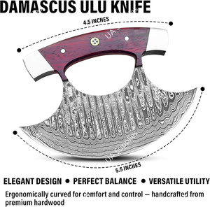 Cuchillo Ulu Sharp Rocker de Acero de Damasco con Hoja Curva, Mango de Madera de Palisandro, Hecho a Mano, Ambidiestro, Funda de Cuero, Personalizable - Product Image 3
