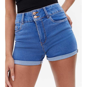 Shorts de Mezclilla de Cintura Alta para Mujer, Color Sólido, Cierre de Botones, Estilo Casual de Verano, Corte Regular, Azul - Product Image 6