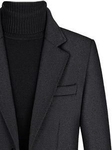 Manteau long élégant pour femme, noir uni, manches longues, col à revers, simple boutonnage, en polyester, pour l'hiver - Product Image 2