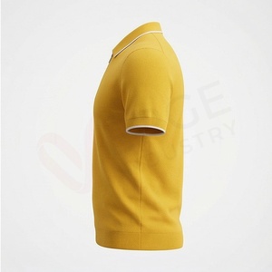 Polo en tricot à manches courtes jaune moutarde pour homme avec fermeture éclair, design uni décontracté, coupe classique - Product Image 3