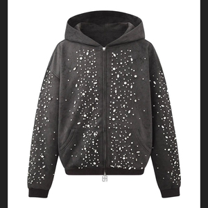 Sweat-shirt à capuche pour homme, fermeture éclair, orné de strass, streetwear, coupe classique, noir, vêtements d'hiver - Product Image 3