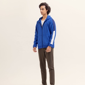 Custom OEM <b>Mens</b> Zip Up Hoodie Blue Colorblock Contrast Sleeve Full Zip Drawstring Hood <b>Pullover</b> Style <b>Mens</b> <b>Mens</b> Zip Up Hoodie - Product Image 4