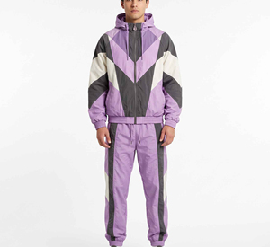 <b>Men's</b> <b>Purple</b> Geometric Tracksuit Hooded Full Zip Sporty Jogging Set Breathable Waterproof Printed Nylon Winter Casual Wear - Product Image 1