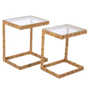 Living room furniture natural set of 2 water hyacinth accent tables set furniture side table with glass top manufacturer