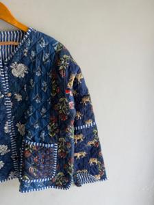 Quilted Jacket Women's Blue <b>Animal</b> Print Cotton V-Neck Three Quarter Sleeve Autumn Style gift <b>for</b> her - Product Image 5