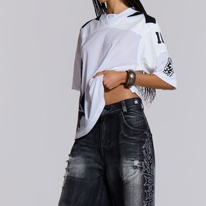 Camiseta de fútbol americano de malla para mujer, corte holgado, cuello en V, diseño de paneles, estampado por sublimación, logotipo personalizado, poliéster - Product Image 4