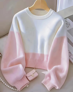 Pull décontracté pour femme à manches longues, coupe ample, avec logo personnalisé sur le devant, en maille respirante polyester/coton, color block, pour l'automne - Product Image 1
