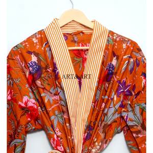 Bata kimono de algodón con estampado floral para mujer, suave, transpirable, ligera, para dormir, estar en casa, spa. - Product Image 4