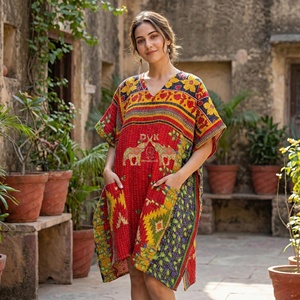Cotton Vintage Handmade Kantha Work Kaftan Fashionable Designer High Quality <b>Fabric</b> Washable Dress - Product Image 5