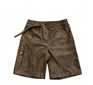 Shorts cargo pour homme en simili cuir marron, taille haute, avec ceinture et cordon de serrage, style workwear, longueur bermuda - Product Image 3