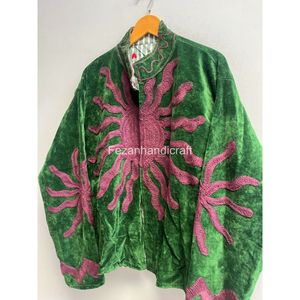 Green Velvet Embroidered <b>Mandarin</b> <b>Collar</b> <b>Jacket</b> Full Sleeve Handmade Women's Autumn Wear - Product Image 3