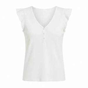 T-shirt court basique pour femme, sans manches, à volants aux épaules, col en V, blanc, style boutonné, pour la vente en ligne - Product Image 1