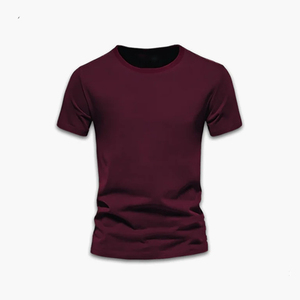 เสื้อยืดคอกลมแขนสั้นสีแดงเบอร์กันดีสำหรับผู้ชาย ทรงปกติ สไตล์ลำลอง สีพื้น ผ้าถัก ดีไซน์เรียบง่าย เสื้อยืดคอกลมแขนสั้นสีแดงเบอร์กันดีสำหรับผู้ชาย - Product Image 1