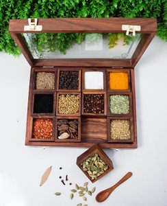 Boîte à épices en bois avec couvercle en verre, 10 compartiments, herbes et épices, durable, qualité alimentaire, résistante au four, organisateur de rangement, fabrication artisanale de luxe, masala - Product Image 5