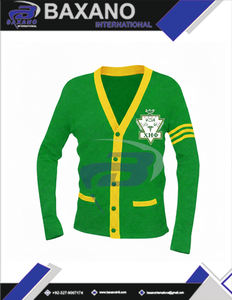 Suéter Cárdigan de la Hermandad Chi Eta Phi, Verde Tejido con Rayas Amarillas y Logotipo Bordado, Ropa de la Hermandad CEPhi Griega - Product Image 4