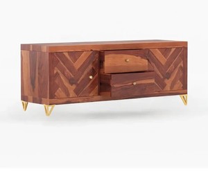 Modern Chevron Pattern Solid Wood <b>TV</b> Unit with Gold Metal Legs | Herringbone Media Console | Jodhpur Export - Product Image 4