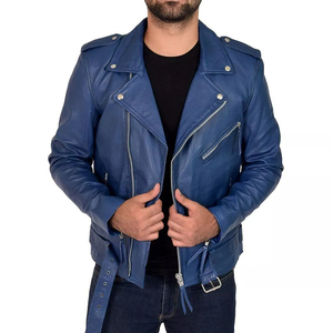 Veste en cuir de vachette bleue pour homme, coupe ajustée, fermeture éclair, col rabattu, streetwear d'automne - Product Image 3