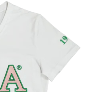 T-shirt brodé de luxe AKA pour femme, blanc et vert, col rond, manches courtes, coton premium, tee-shirt décontracté - Product Image 3