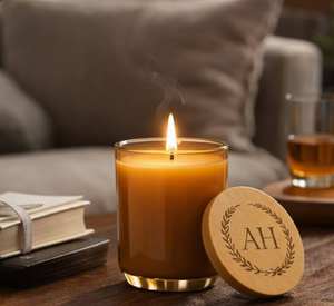 Vela de cera de soja ecológica perfumada en frasco ámbar con base dorada y tapa de madera personalizada, hecha a mano, de lujo, para uso en interiores, pedido al por mayor - Product Image 1