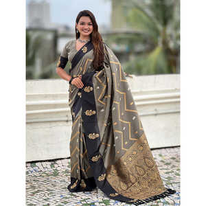 Dusty Concept Grey Soft Silk Zig Zag Zari Woven Saree Elegant <b>Party</b> <b>Jumpsuit</b> - Product Image 6