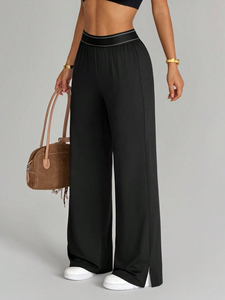 Pantalon Palazzo Femme Taille Haute Ample et Fluide Noir Athleisure avec Poches Fente Latérale Extensible Décontracté - Product Image 3