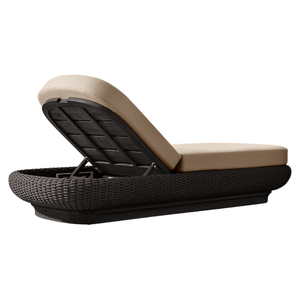 Chaise longue de luxe en teck, marron foncé profond, avec structure en rotin tressé, dossier réglable – Mobilier haut de gamme pour piscine et complexe tropical - Product Image 4