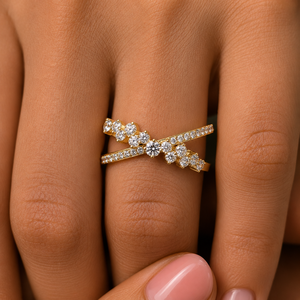 Luxury 14K Yellow Gold Criss Cross <b>Ring</b> Unique Band Round cut Lab Grown Diamond Cluster <b>Ring</b> for Women <b>Statement</b> jewelry - Product Image 1