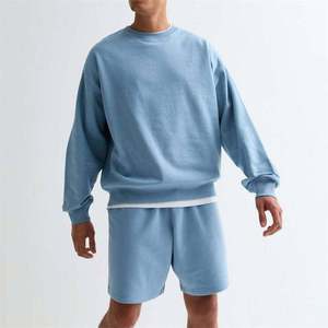 Conjunto de Sudadera y Pantalones Cortos para Hombre, Cuello Alto, Color Sólido, Talla Grande, Corte Regular, Informal, Jersey de Poliéster/Algodón, Manga Larga, Azul Claro - Product Image 1