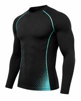 Rashguard pour homme à manches longues, col rond, écologique, anti-UV, séchage rapide, respirant, en spandex, noir avec dégradé turquoise